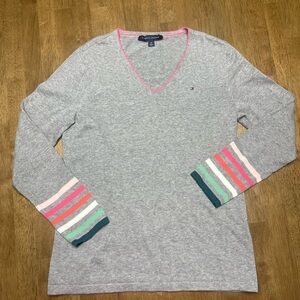Tommy Hilfiger Gray Sweater with Multicolor Stripes